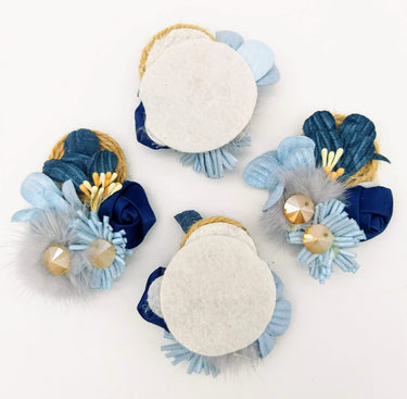 Hand Embroidered Blue Floral Applique With Feather Pom Poms and Stones, 2 Pcs